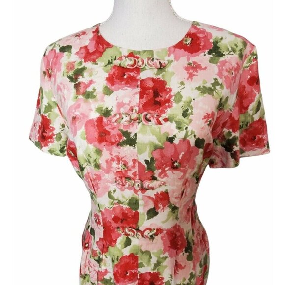 Vintage Maggy London Linen Blend Floral Sheath Tea Dress Watercolor Floral 8 - Picture 2 of 4